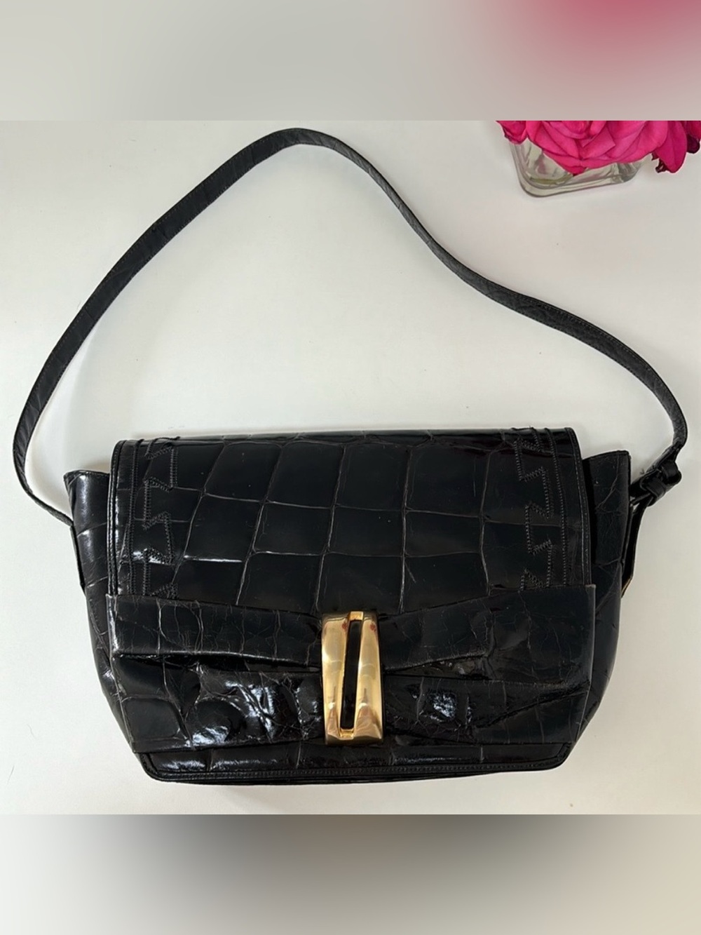Sharif Vintage Crocodile Embossed Genuine Leather Shoulder Bag